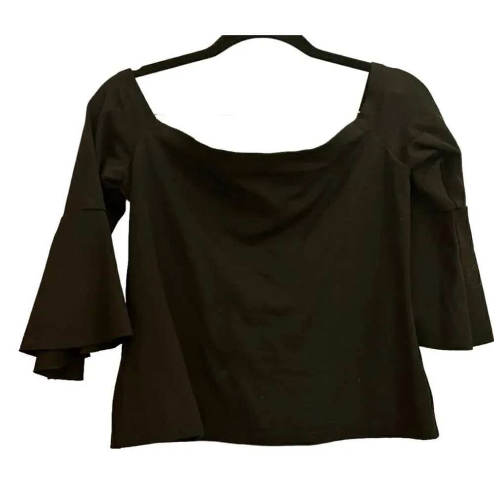 ALEXIS Black Square Neck Bell Sleeve Top Structured 3/4 Sleeve Chic Minimalist